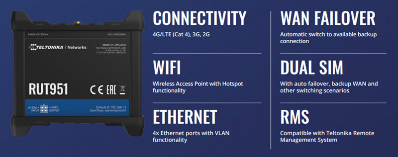 Bộ phát wifi 3G/4G công nghiệp Teltonika RUT951 Dual SIM tốc độ 150Mbps, hỗ trợ 100 User