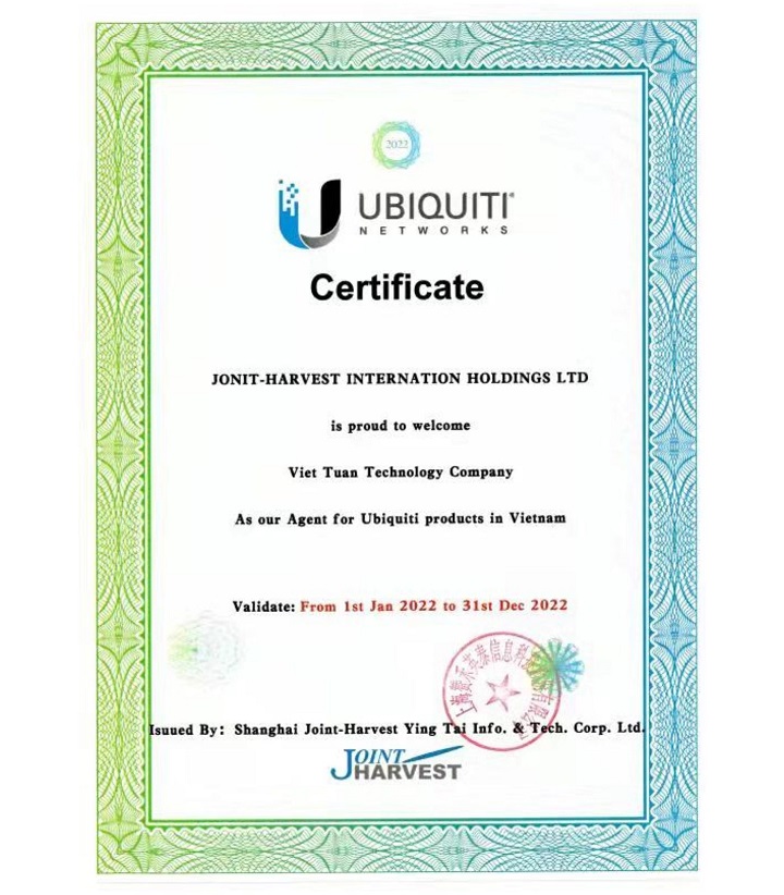 Chứng nhận đại lý phân phối chính hãng Ubiquiti