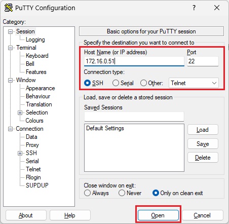 Khởi chạy PuTTY, nhập IP của AP vào và nhấn Open