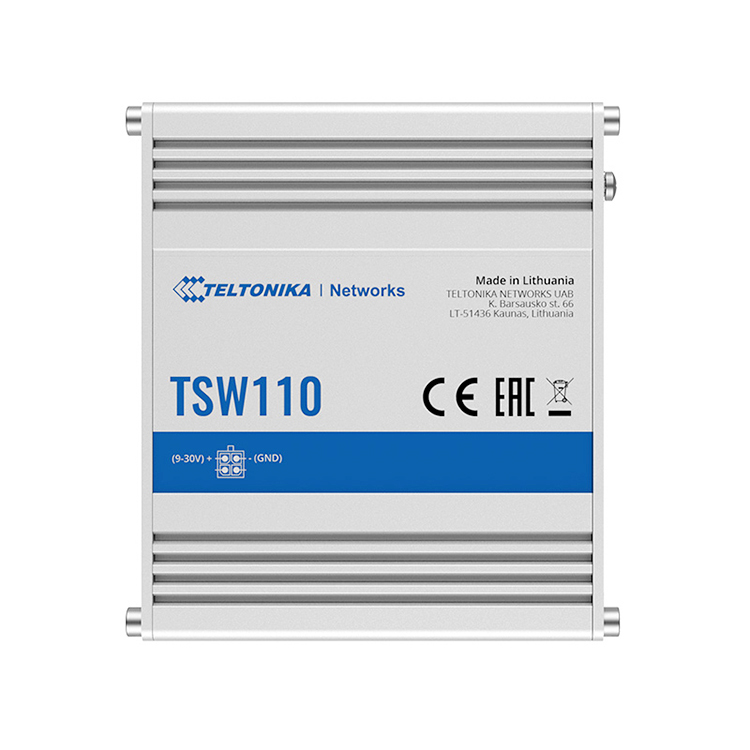 Teltonika TSW110 có phần vỏ máy bằng kim loại nhôm chắc chắn, chống nhiễu điện từ, chống bắt lửa.