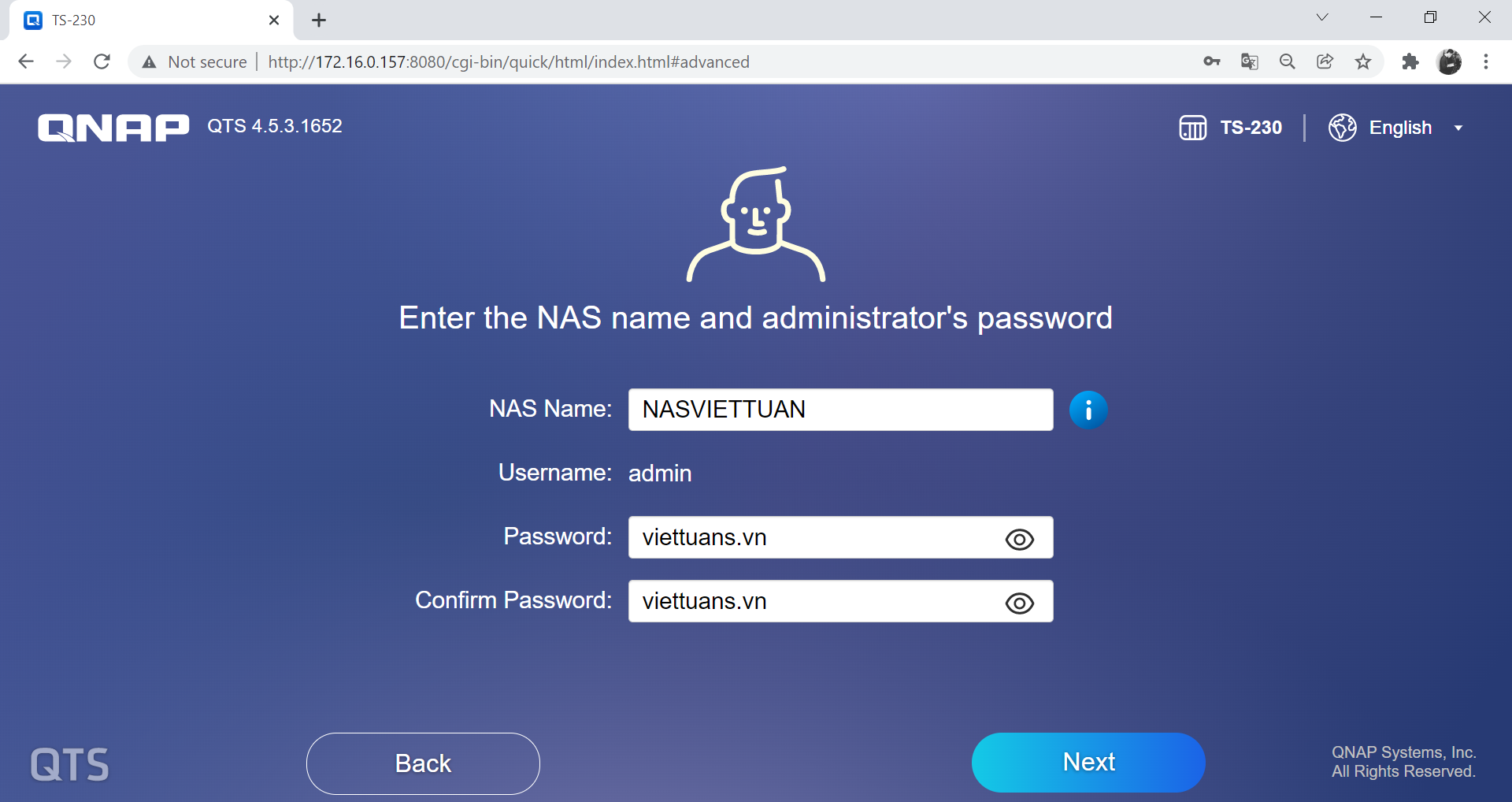 Tiến hành đặt tên cho thiết bị Qnap, đặt password cho người quản trị (administrator).
