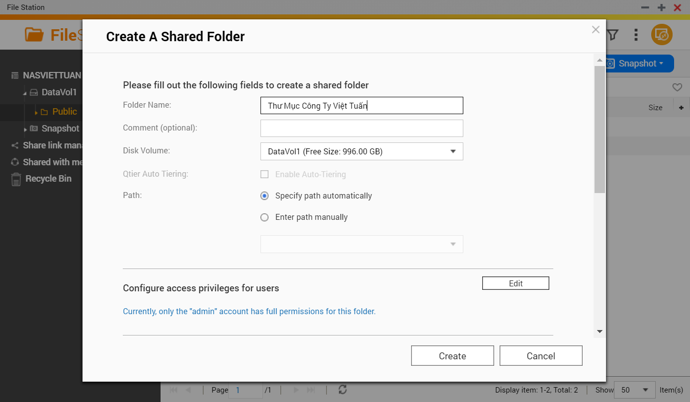 Đặt tên cho thư mục Shared Folder, giới hạn lưu lượng của thư mục chia sẻ trong Volume. Chọn Create.