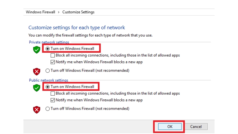 chọn “Turn on Windows Defender Firewall” ở 2 ô trên màn hình và bấm “Ok”