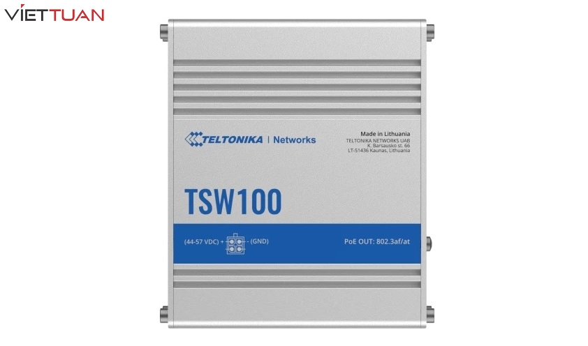 Switch Teltonika TSW100 sở hữu thiết kế vỏ nhôm chắc chắn, bền bỉ có khả năng hoạt động ở nhiệt độ từ -40 °C đến +75 °C