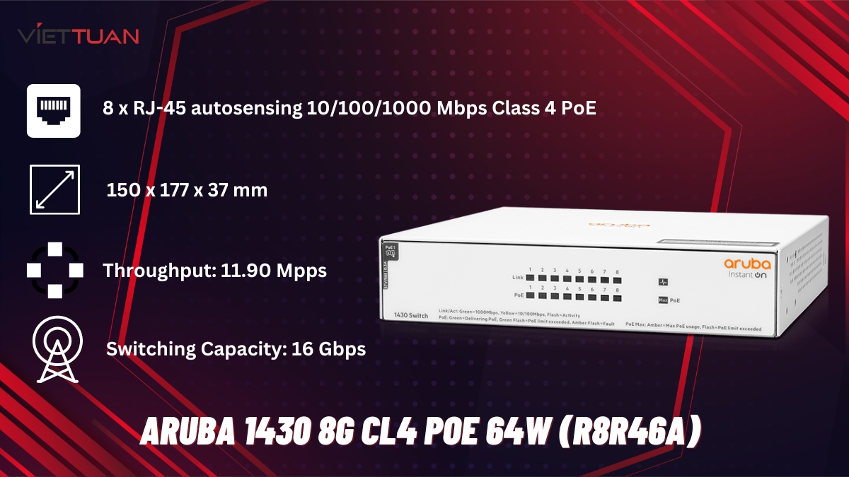 Switch Aruba Instant On 1430 8G CL4 PoE 64W (R8R46A)
