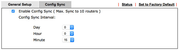 Mỗi khi quá trình Config Sync (đồng bộ cấu hình) hoàn tất, router sẽ tự động khởi động lại thiết bị. Vì vậy, để hệ thống hoạt động ổn định, chúng tôi đề nghị thiết lập thời gian đồng bộ cấu hình là 1 ngày.