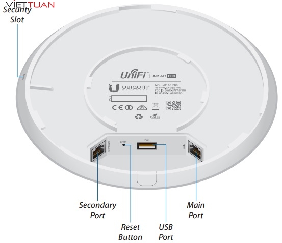 Unifi AC Pro đi kèm hai cổng Ethernet Gigabit có thể chuyển đổi, trong đó cổng chính hỗ trợ cấp nguồn mức 48V và PoE chuẩn 802.3af/at