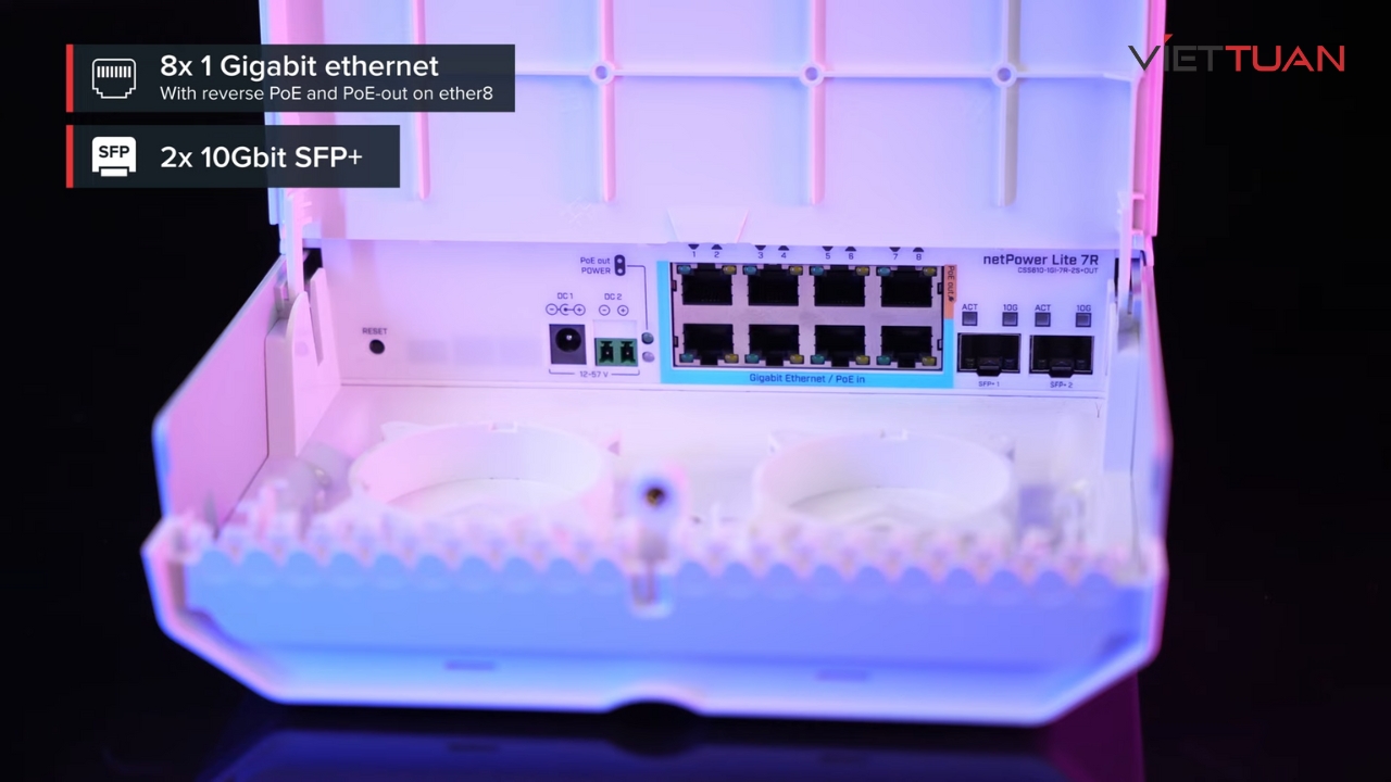 Cổng PoE-out Ethernet 8 có thể cấp nguồn cho các thiết bị PoE khác có cùng điện áp