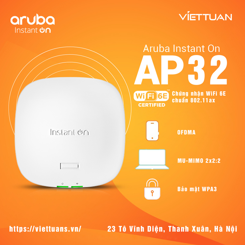 Aruba Instant On AP32 được chế tạo theo tiêu chuẩn Wifi 6E